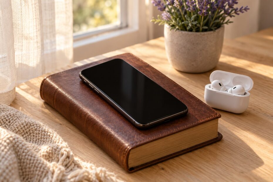 Celular desligado sobre uma Bíblia, com fones de ouvido sem marca e fundo lavanda.