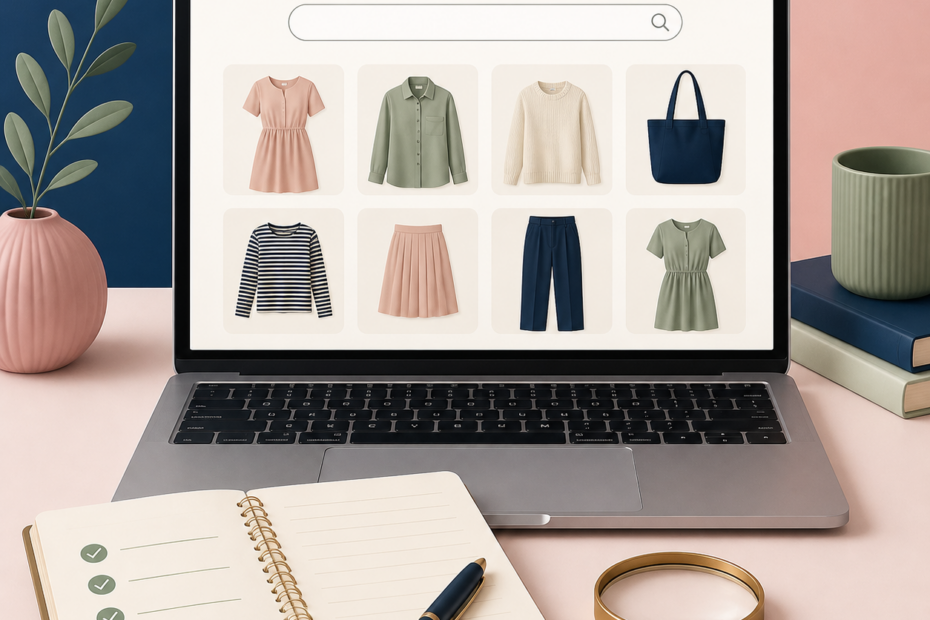 Catálogo de moda em computador com checklist de consulta.