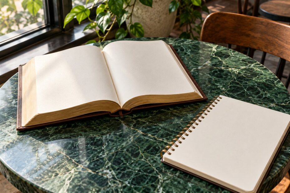 Bíblia aberta e caderno espiral em uma mesa redonda de mármore verde junto à janela