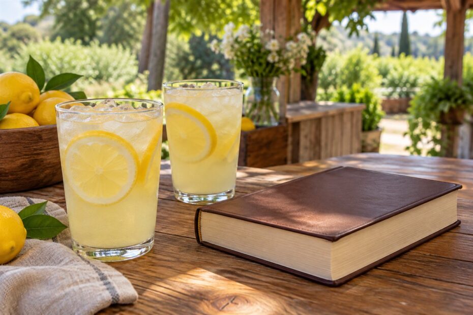 Dois copos de limonada e uma Bíblia marrom em uma mesa de madeira ao ar livre