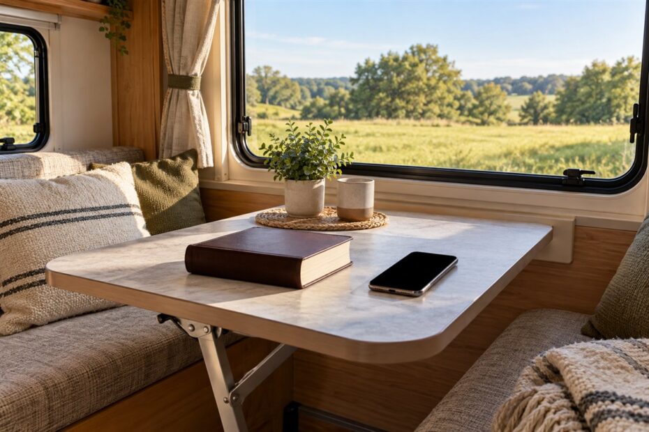 Bíblia e celular apagado na mesa de um trailer com vista para o campo