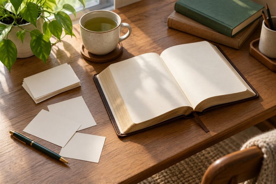 Bíblia aberta numa mesa de estudo com fichas em branco, caneta e uma xícara de chá