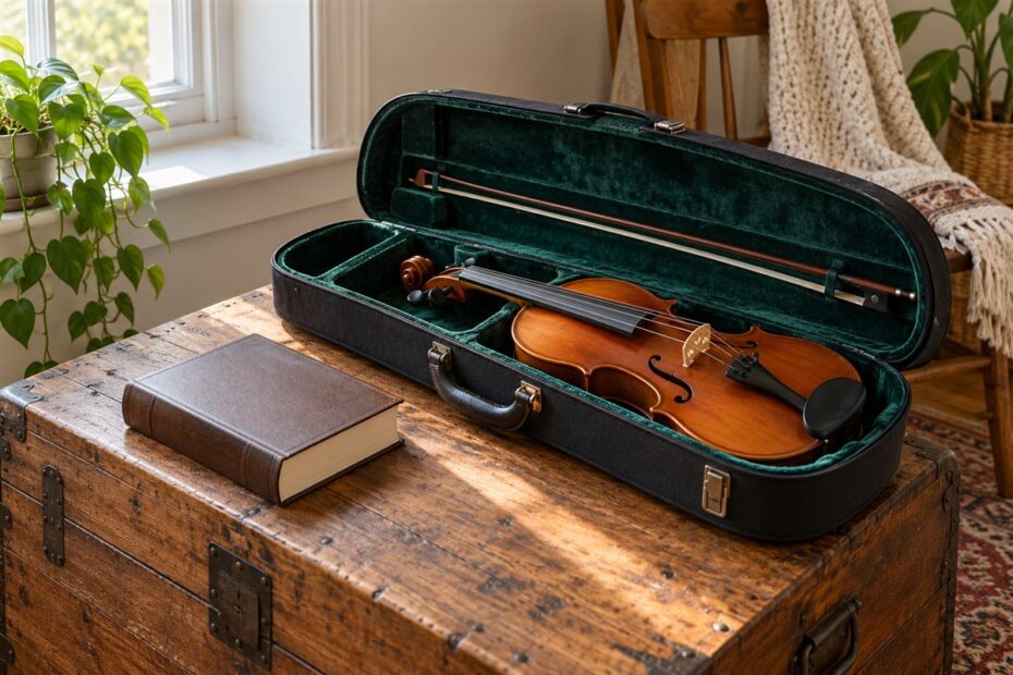 Violino no estojo aberto ao lado de uma Bíblia sobre um baú de madeira