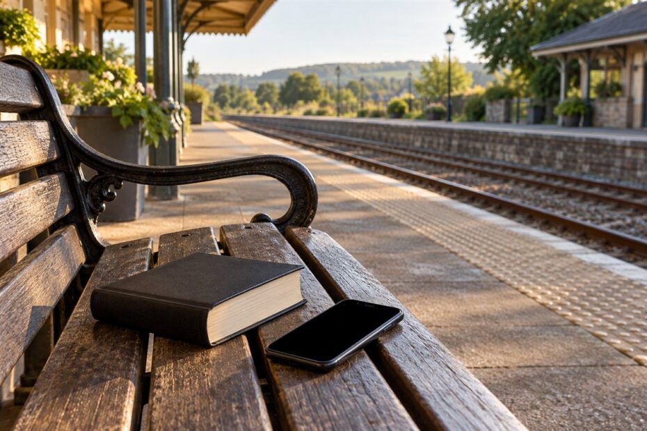 Bíblia e celular apagado em um banco de plataforma de estação de trem