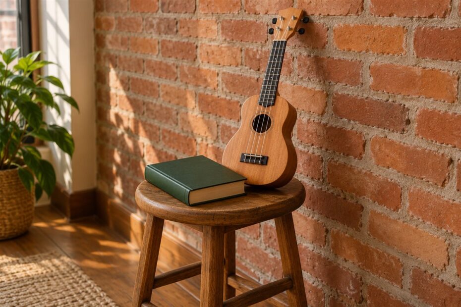 Ukulele e Bíblia verde em um banco alto junto a uma parede de tijolos
