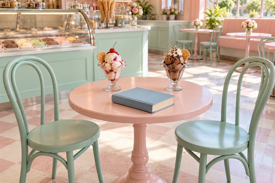 Duas taças de sorvete e uma Bíblia azul em uma mesa rosa de sorveteria
