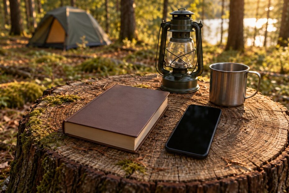 Bíblia, celular apagado, lampião e caneca sobre um tronco em um acampamento