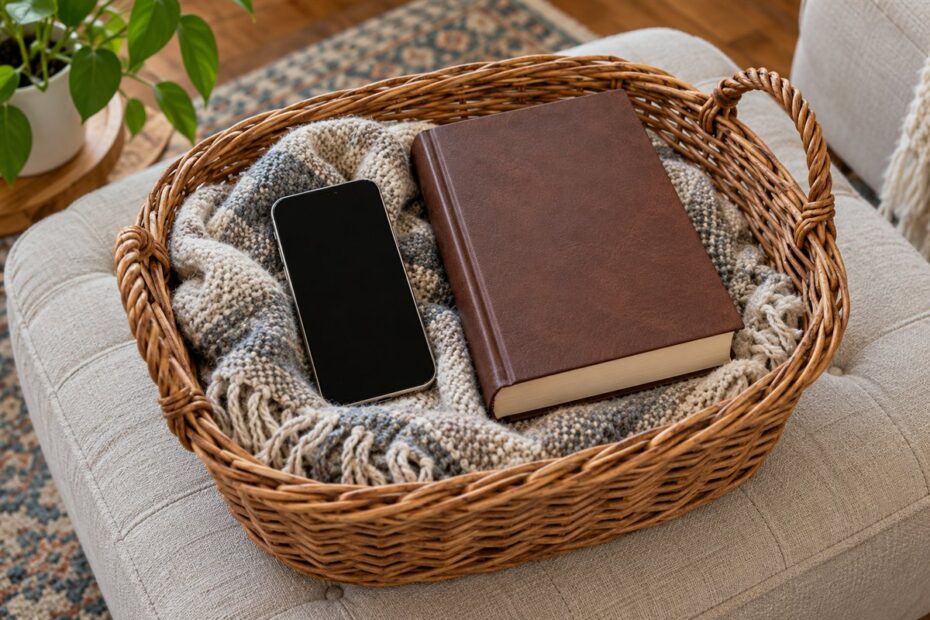 Celular e Bíblia de capa marrom num cesto de vime com manta tricotada
