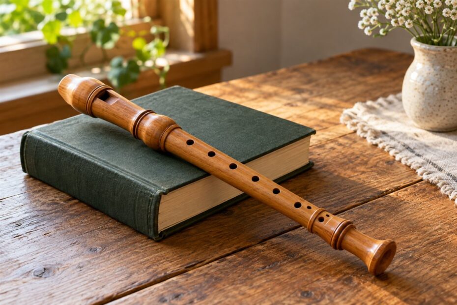 Flauta doce de madeira sobre um livro de capa verde numa mesa rústica