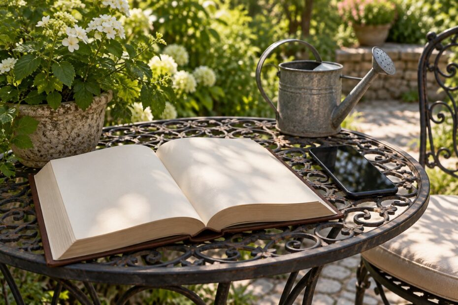 Bíblia aberta e celular sobre uma mesa de ferro num jardim com flores brancas e regador